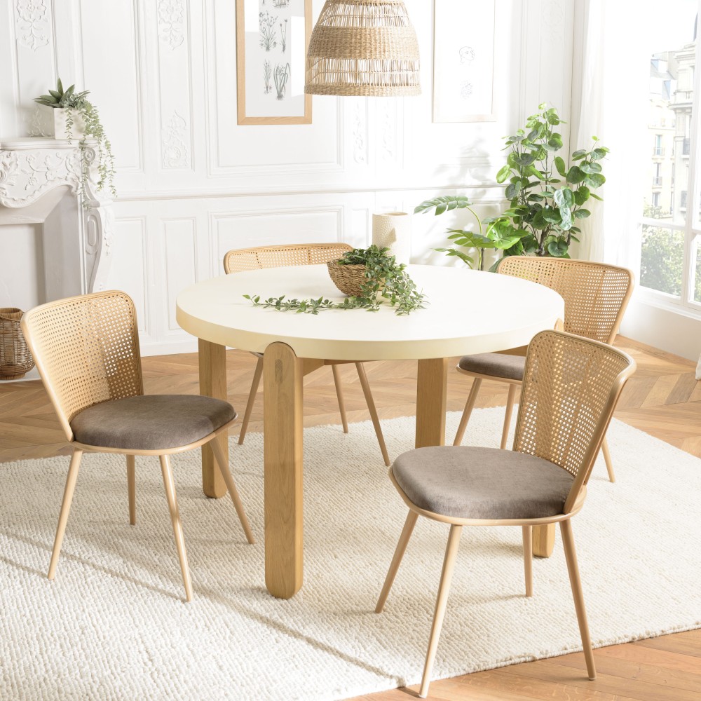 SECONDE MAIN - Lot de 2 chaises assise tissu taupe large dossier effet cannage