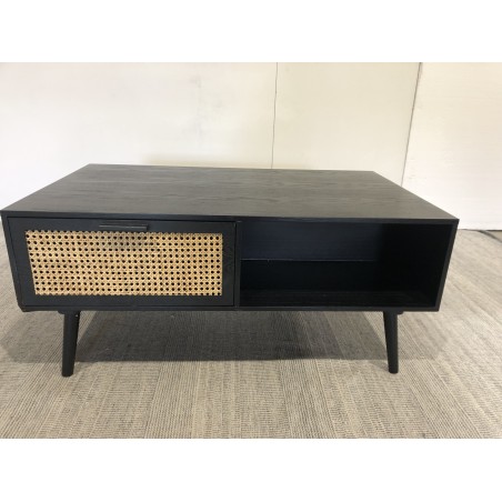 Salontafel zwart hout ANGELO - 2 lades en 1 vak met webbing