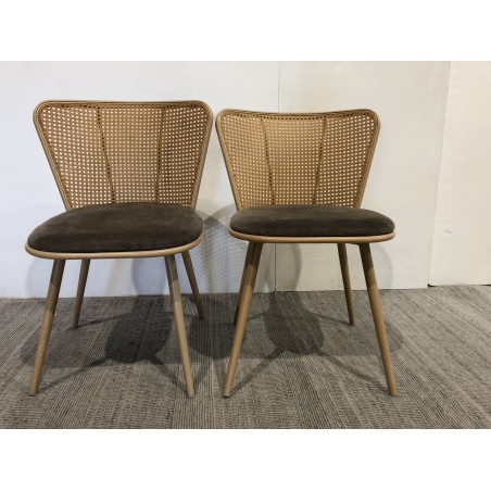 SECONDE MAIN - Lot de 2 chaises assise tissu taupe dossier effet cannage