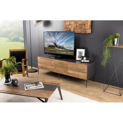 MAXENCE TV Stand with 2 Doors and 1 Drawer - Recycled Teak Wood and Anthracite Grey Metal Legs