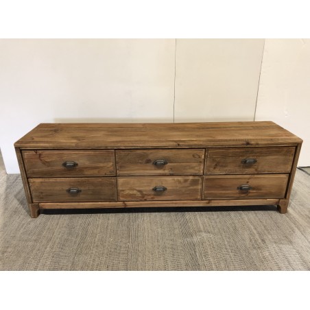 Brown TV cabinet with 6 drawers, recycled pine wood | Second Hand