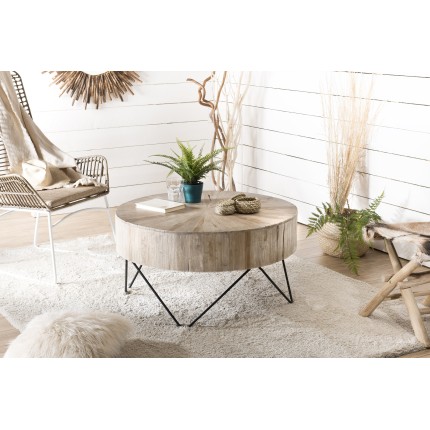SECONDE MAIN - Table basse ronde 90x90cm bois Teck naturel pieds épingles scandi métal noir
