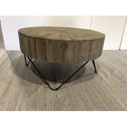 SECONDE MAIN - Table basse ronde 90x90cm bois Teck naturel pieds épingles scandi métal noir