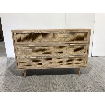 SECONDE MAIN - Commode en bois couleur naturel 3 tiroirs cannage
