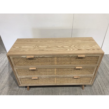 Natural-coloured wooden chest of drawers with 3 cane drawers | Second Hand
