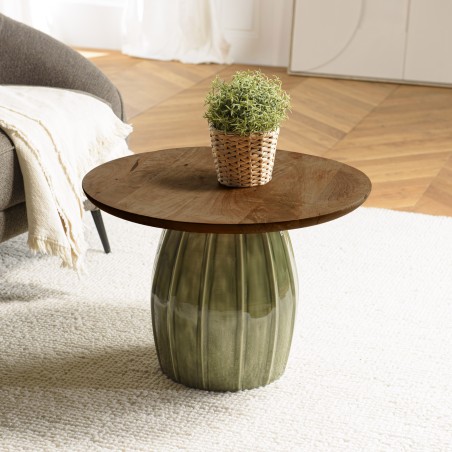Table basse 60x60 cm en manguier et émail vert | Seconde Main