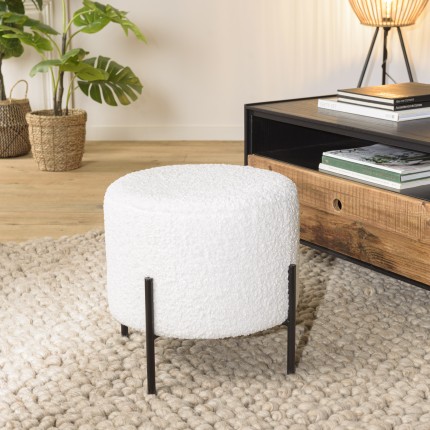 SECOND-HAND - Round stool 40x40cm white bouclé fabric with black metal legs