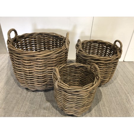KALLY - Set of 3 Round Storage Baskets in Natural Rattan
