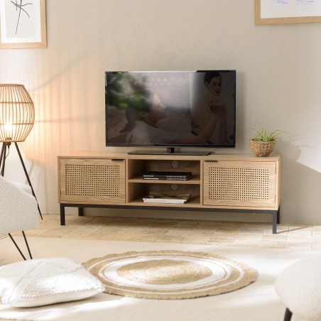 Meuble TV en bois 2 portes cannage naturel pieds métal noir | Seconde main