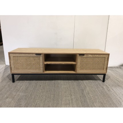 Wooden TV cabinet with 2 doors, natural cane finish and black metal legs | Second-hand