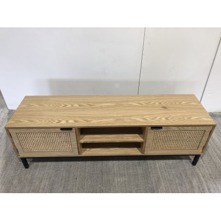Wooden TV cabinet with 2 doors, natural cane finish and black metal legs | Second-hand