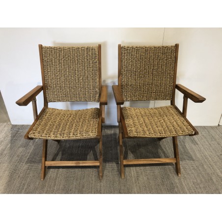 SECONDE MAIN - Lot de 2 fauteuils pliants acacia huilé et rotin synthétique