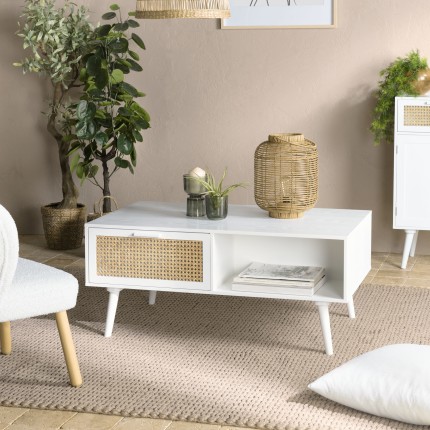 Table basse blanche - 2 tiroirs 1 niche - SECONDE MAIN