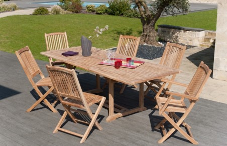 Ensemble de jardin en bois teck 8/10 pers - Table extensible et 4 chaises
