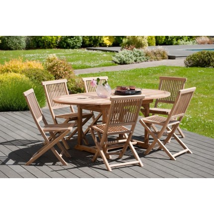 Ensemble de jardin en bois teck 4/6 pers - Table ovale extensible et chaises