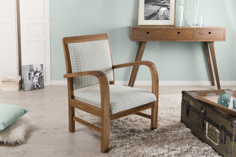 WALLY Teak Armchair with Light Blue 'Petal' Fabric WALLY Teak Armchair with Light Blue 'Petal' Fabric