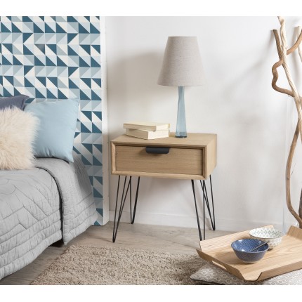 MARGAUX - Natural Wood Bedside Table with Black Metal Hairpin Legs