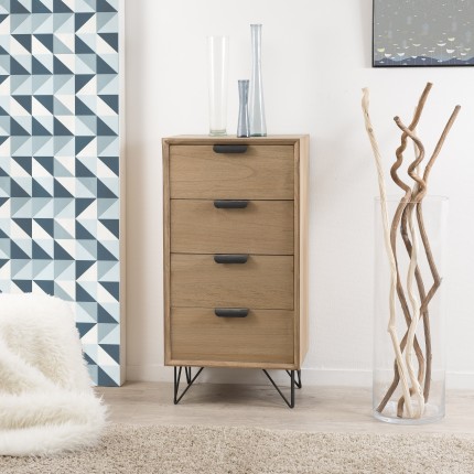 MARGAUX - Natural Wood 4-Drawer Chiffonier with Black Metal Hairpin Legs