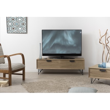 MARGAUX Natural Wood TV Stand with 1 Door 1 Drawer Black Metal Legs