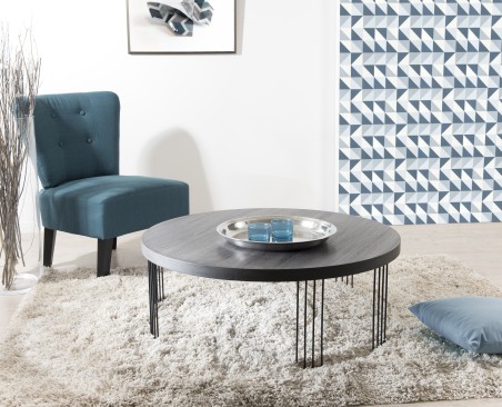 JULIA Round Coffee Table 95x95cm Dark Grey Wood Top Black Metal Legs