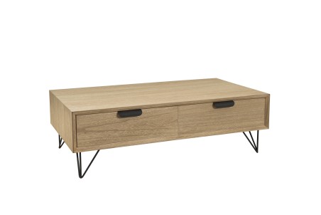 MARGAUX Natural Wood Coffee Table with 4 Drawers and Black Metal Legs