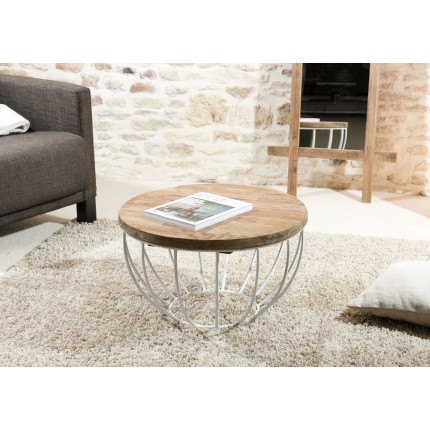 Table basse SIXTINE ronde 60x60cm teck recyclé métal blanc