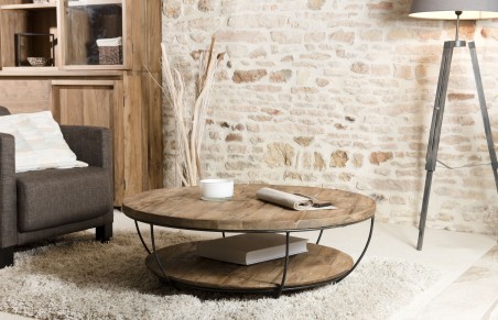 Table basse ronde SIXTINE en teck recyclé et métal noir