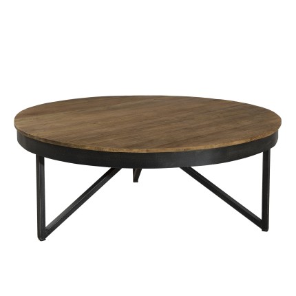 SIXTINE Round Coffee Table 90x90cm - Recycled Teak Top Black Metal Base
