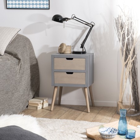 Chevet LORENZO gris 2 tiroirs beiges bois Pin