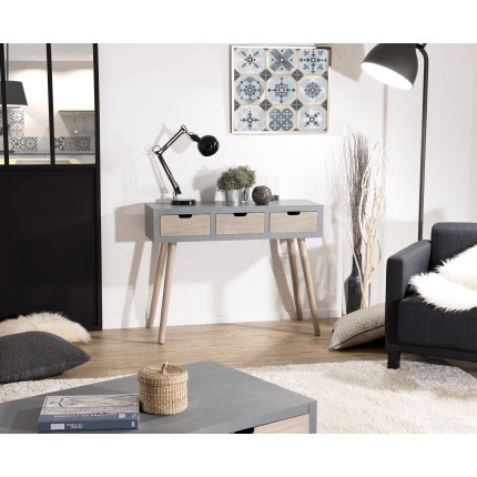 Console LORENZO grise 3 tiroirs beiges bois Pin