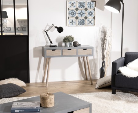 LORENZO Grey Console Table with 3 Beige Drawers