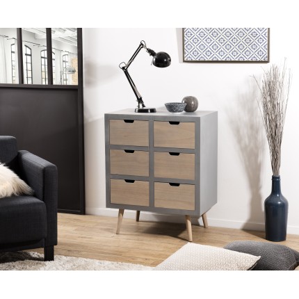 Commode grise LORENZO 6 tiroirs bois Pin