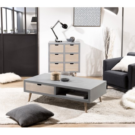 Table basse grise LORENZO - 1 niche 2 tiroirs beiges bois Pin