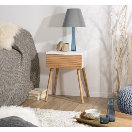 PEDRO Light Wood and White Bedside Table with Drawer