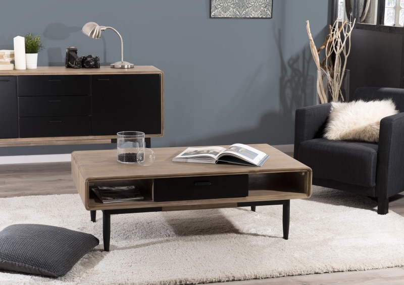 PALOMA Coffee Table 2 Drawers 2 Shelves Acacia Wood and Black Metal