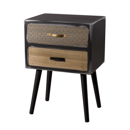 LEON Black Bedside Table with 2 Brown Drawers - Pine Motifs