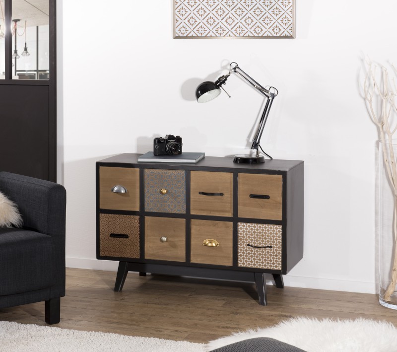 LEON Black 8-Drawer Chest with Brown Pine Motifs