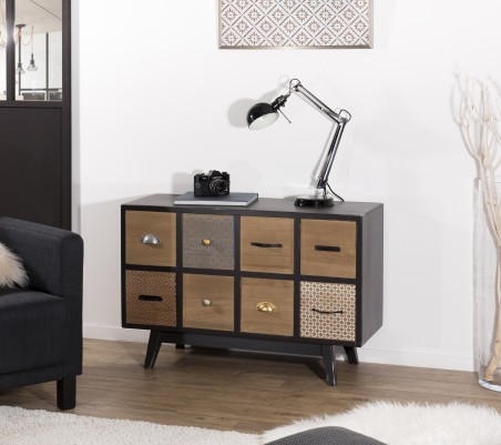 LEON Black 8-Drawer Chest with Brown Pine Motifs