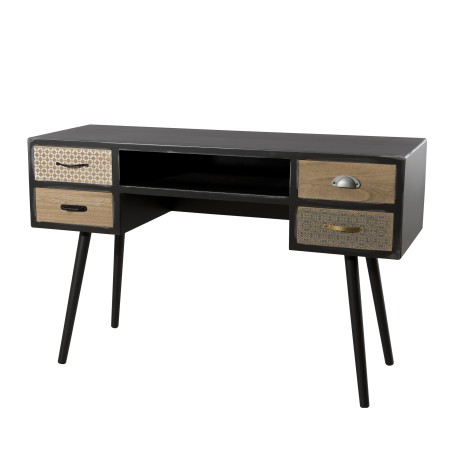LEON Black Desk with 4 Brown Drawer and Pine Motifs