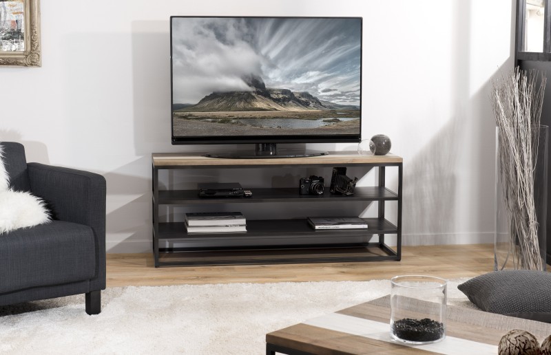 LEANDRE Black Acacia Wood and Metal TV Stand with 2 Shelves