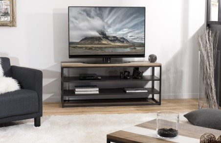 Meuble TV LEANDRE - Bois acacia et métal 2 étagères