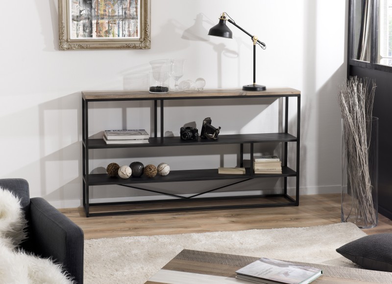 LEANDRE Black 'S' Shelf 160x90cm - Modern 3-Tier Acacia Wood and Steel