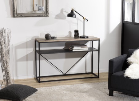 LEANDRE Rectangular Black Console Table - Acacia Wood Shelf