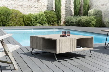 Table basse de jardin EMILE en bois teck teinté gris