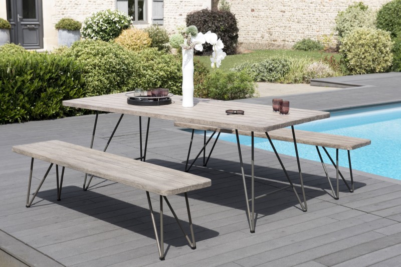 Salon de jardin en bois teck gris EMILE 6/8 pers.