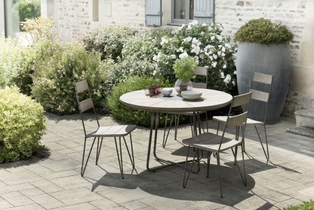 EMILE - Teak Wood Gray Garden Set 4/6 pers: Round Table 120 cm & 4 Scandi Chairs