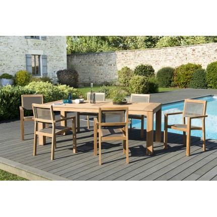Salon de jardin en bois teck 6/8 pers - Table 220*100 cm et 6 fauteuils taupe
