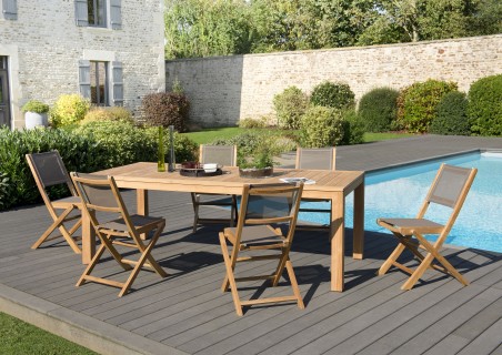 Teak Wood Garden Furniture Set - KIM - 6/8 People - 1 Table 220*100 cm & 6 Textilene Chairs
