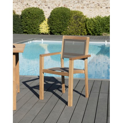 Set of 2 Stackable Teak Wood Garden Armchairs | Taupe Textilene | Fun