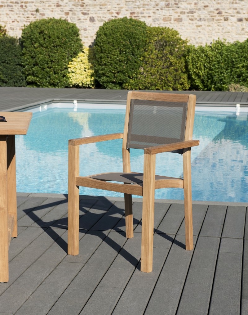 Set of 2 Stackable Teak Wood Garden Armchairs | Taupe Textilene | Fun Set of 2 Stackable Teak Wood Garden Armchairs | Taupe Textilene | Fun